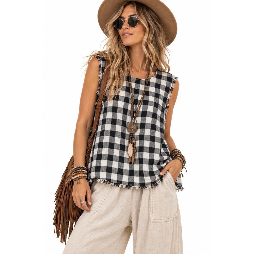 Cotton Bleu Sleeveless Top XL Gingham Check Cotton Frayed Hem Boho Festival